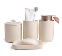 BosilunLife 4 pcs Ceramic Bathroom Accessories Set - Bathroom Counter Soap Set, Foam Dispenser, Soap Dish, Toothbrush Holder/Tumbler, Cotton Swab Jar(Pockmarked Beige, Liquid)