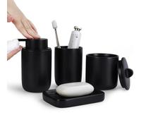 BosilunLife 4 pcs Ceramic Bathroom Accessories Set - Black Bathroom Counter Soap Set, Foam Dispenser, Soap Dish, Toothbrush Holder/Tumbler, Cotton Swab Jar(Black, Foam)