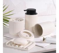 BosilunLife 4pcs Ceramic Bathroom Accessories Set - Bathroom Counter Soap Set, Foam Dispenser, Soap Dish, Toothbrush Holder/Tumbler, Cotton Swab Jar,Beige With Pockmark(Foam)