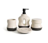 BosilunLife Bathroom Accessories Set of 4 - Beige Bathroom Countet Soap Set Bathroom Decor Bathroom Lotion Soap Dispenser Sets Toothbrush Holder and Soap Dispenser, Soap Dish, Apothecary Jar