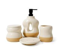 BosilunLife Bathroom Accessories Set of 4 - Beige&Orange Bathroom Countetop Soap Set Lotion Soap Dispenser Sets Toothbrush Holder and Soap Dish, Apothecary Jar