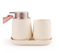 BosilunLife Bathroom Accessory Set - 3 pcs Ceramic Bathroom Soap Dispenser Set Farmhouse Bathroom Counter Decor Set Accessories, Soap Dispenser and Toothbrush Holder,(Pockmarked Beige Liquid)