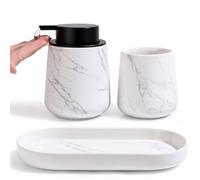 BosilunLife Bathroom Accessory Set - 3 pcs Ceramic Bathroom Soap Dispenser Set Farmhouse Bathroom Decor Sets Accessories, Soap Dispenser and Toothbrush Holder, Tray (Marbling Set - Liquid Pump)