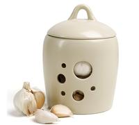 BosilunLife Garlic Keeper for Counter - Ceramic Garlic Storage Container with Lid Beige Garlic Holder Countertop for Kitchen Garlic Jar to Keep Your Garlic Cloves Fresh Longer