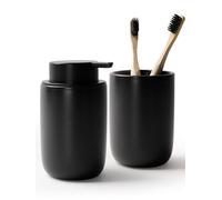 Bosilunlife Soap Dispenser and Toothbrush Holder Set - Dish Hand Soap Dispenser Bathroom Set Ceramic Bathroom Counter Soap Toothbrush Holder Set Black Bathroom Accessories Set