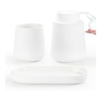 BosilunLife White Bathroom Accessory Set - 3 pcs Ceramic Bathroom Soap Dispenser Set Farmhouse Bathroom Counter Decor Set Accessories, Soap Dispenser and Toothbrush Holder, Tray (White Foam)