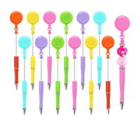 Bosiyrggrl 12Pcs Beadable Pen Badge Reel Clip Pull Bead Ballpoint Pen 6 Colors Beaded Writing Pen for DIY Craft Office Supplies