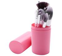 Bosiyrggrl 12Pcs/Sets Eye Shadow Foundation Eyebrow Lip Brush Cosmetics Makeup Brushes Tool Leather Cup Holder Case Kit Pink
