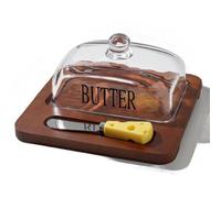Bosiyrggrl Elegant Nordic Style Butter Dish with Lid, Wooden Tray & Glass Cover - Stylish Kitchen Accessory with Butter Cutter B