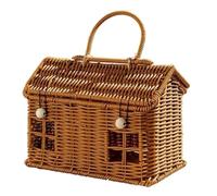 Bosiyrggrl Imitation Rattan House Shaped Basket with Lid with Folding Handle for Picnics, Easter, Organizing, Storage