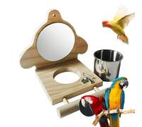 Bosiyrggrl Parrot Perch Wooden Parakeet Mirror Toy Bird Parrot Perch with Mirror and Feeding Cups Cage Play Toy for Lovebird A