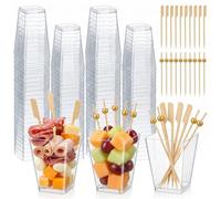Bosizhang 60 Pcs Plastic Charcuterie Cups 5 OZ Square Appetizer Cups with 120 Sticks, Clear Fruit Cups with Cocktail Picks Mini Shooter Cups for Dessert, Fruit, Snack and Party