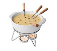 BOSKA Fondue Set Party / Cheese fondue with wooden forks / Fondue pot / Fondue cookware / With tea light / Ceramic pot / For 4 Persons / White / 25.4 fl oz
