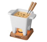 BOSKA Tapas Fondue Bianco/Mini Cheese Fondue Sets/Fondue for 6.1 oz of Melted Cheese/White Ceramic Base/Incl. 2 Wooden Fondue Forks/On Tea Light