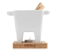 BOSKA Tapas Fondue Set Bianco/Mini Cheese Fondue Sets/Fondue for 6.1 oz of Melted Cheese/White Ceramic Base/Incl. 2 Wooden Fondue Forks/On Tea Light
