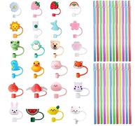 BOSOIRSOU 48 pcs Reusable Straw Set, Silicone & Plastic Straws, 0.23-0.3 Inch, Durable, Rainbow, White, Yellow, 24 Pieces