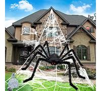 BOSONER Halloween Decorations, 1Pcs 50'' Giant Spider + 200” Triangular Spider Web, with Hook, Stretch Web and Ground Stakes for Indoor Outdoor Halloween Decor Haunted House Props
