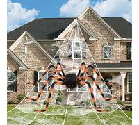 BOSONER Halloween Decorations, 1Pcs 50'' Giant Spider + 200” Triangular Spider Web, with Hook, Stretch Web and Ground Stakes for Indoor Outdoor Halloween Decor Haunted House Props
