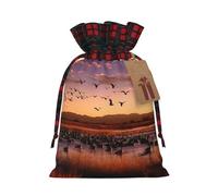 Bosque del Apache Wildlife Refuge Christmas Gift Bags with Tags & Ribbon Ties, Xmas Drawstring Candy Treat Bag Buffalo Plaid Christmas Gifts Sacks Reusable Gift Wrapping Bags for Holiday Party Favors