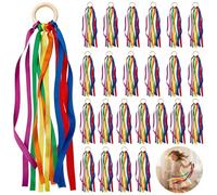 BOSREROY 24 Pcs Rainbow Ribbon Hand Kites, Wooden Ring Dance Streamers with Multicolor Satin Ribbons, Wrist Ribbons for Playroom Dancing, Birthday Party, Indoor and Outdoor Play, Gift for Kids