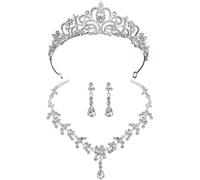 BOSREROY Wedding Crown for Bride, Silver Hollow Design with Faux Crystal, Coronation Tiara Jewelry Set, Includes Matching Necklace and Earrings, Ideal for Weddings