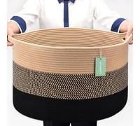 BOSROTY Extra Large Blanket Basket 87L, Laundry Hamper, Baby Nursery Hamper for Storage Toys Clothes Towels, Large Cotton Rope Laundry Basket for Girls Boys, 55 x 35 CM, Brown & Black