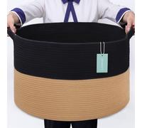 BOSROTY Large Cotton Rope Blanket Basket, 87L Laundry Basket, Black & Jute | 40 x 55 cm, Large Collapsible Woven Nursery Hamper with Sturdy Handles for Clothes Toys Towels, Bedroom Living Room Bathroom