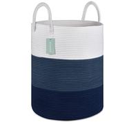 BOSROTY Large Cotton Rope Laundry Basket with Handles 65L, White & Blue