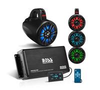 Boss Audio Systems UNI4RGB ATV UTV Marine Audio Stereo System Package - BPS4B 4 Channel Bluetooth Amplifier, 4 x Waketower MRWT40 4" Speakers, IPX5 Rating