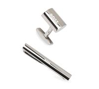 BOSS B-Logo Silver Tone Brass Cufflinks & Tie Clip Set