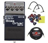 Boss BB-1X Bass Driver Pedal Bundle w/ 2-Pack Strukture S6P48 Woven Right Angle Patch Cable, Pig Hog PCH10BK "Black Woven" Instrument Cable, 12-Pack Guitar Pick and Liquid Audio Polishing Cloth