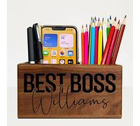 Boss Gifts, Personalized Pen Holder, Solid Wood Desk Organizer with Custom Name, Appreciation Gifts for Boss Lady Women Men, Gift for Boss’s Retirement Celebration Christmas Birthday Job Leaving