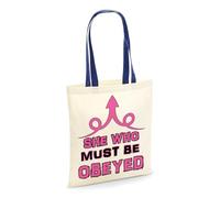 Boss Lady Queen of the House Mum - Funny Quote Tote Bag with Colour Handle, She Who Must Be Obeyed Shopping Bag Christmas Reusable Bag for Women Teacher, Mother-in-Law. (French Navy Handle)