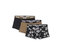 BOSS Men's 3-Pack Multi Design Bold Logo Trunks, Black Flowers/Khaki Green/Black, S