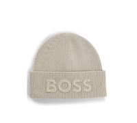 BOSS Mens Ribbed Cuff Logo Beanie Hat, Beige, Men Beige