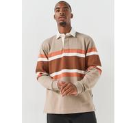 BOSS Men's Rugby Stripe Long Sleeve Polo Shirt, Light Brown, Size L, Men Light Brown