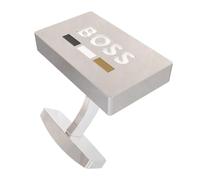 BOSS Men's Silver Tone Enamel Engraved Logo Rectangular Cufflinks