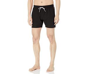 BOSS Men's Solid Swim Trunk with Iconic Side Stripe, Dark Black, Large