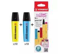 BOSS ORIGINAL Highlighter Yellow (Pack 10)+ Blue (Pack 10) + POINT 88 Fineliner Zigzag Card Assorted Colours (Pack 18) - 70/24/10+70/31+8818/5
