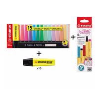 BOSS ORIGINAL Highlighter Yellow (Pack 10)+ Deskset Asst (Pack 15)+STABILO POINT 88 Fineliner Zigzag Card Asst (Pack 18) - 70/24/10+7015-01-5+8818/5