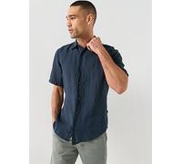 BOSS Short Sleeve Linen Shirt, Dark Blue, Size S, Men Dark Blue