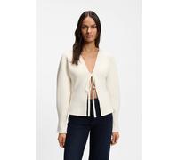 BOSS Tie-front rib-knit cardigan with balloon sleeves - Style C_Fumm, 50554657 White