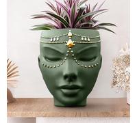 Bossa Linda Head Planter - Indoor & Outdoor Home Decor Gifts for Plant Lovers - for Flat Surface or Wall Mount - Unique Face Planter for Flowers, Succulents, & More (7 inch, Serena Design, Green)