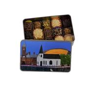 Bossa Nova Luxury Chocolate Gift Tin presentation set, 15 Classic Artisan Chocolate Truffles in Cardiff Bay church theme printed tin, painted by artist Hanne Reid