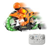 BOSTEU 2-in-1 Land & Air Remote Control Motorcycle, 2.4G Stunt Spinning Toy Car, 360°Rotating, Automatic Floating Flight, Headless Mode, LED Lighting (A)
