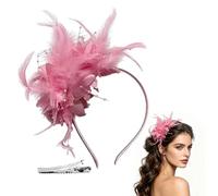 BOSTEU Flower Mesh Ribbons Feathers on a Headband and a Forked Clip with Feathers, Cocktail Tea Party Headwear 1920s Style Women's Headwear (pink)
