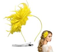 BOSTEU Flower Mesh Ribbons Feathers on a Headband and a Forked Clip with Feathers, Cocktail Tea Party Headwear 1920s Style Women's Headwear (yellow)