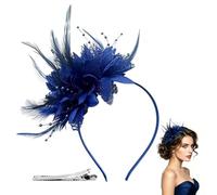 BOSTEU Flower Mesh Ribbons Feathers on a Headband and a Forked Clip with Feathers, Cocktail Tea Party Headwear 1920s Style Women's Headwear (blue)
