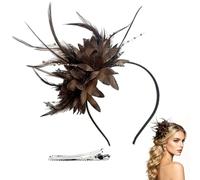 BOSTEU Flower Mesh Ribbons Feathers on a Headband and a Forked Clip with Feathers, Cocktail Tea Party Headwear 1920s Style Women's Headwear (coffee)