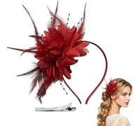 BOSTEU Flower Mesh Ribbons Feathers on a Headband and a Forked Clip with Feathers, Cocktail Tea Party Headwear 1920s Style Women's Headwear (red)